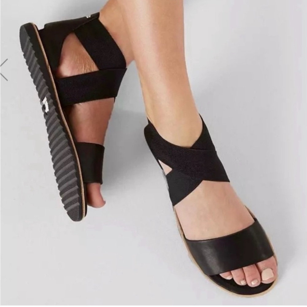 EUC SOREL Ella Black Leather Sandals, stretch straps, Size 8